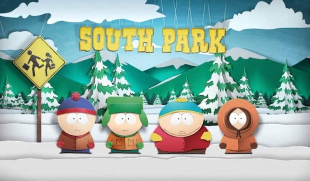 Four characters from South Park stand in a snowy landscape with mountains and pine trees. "South Park" is written above in bold letters. Mood is humorous.