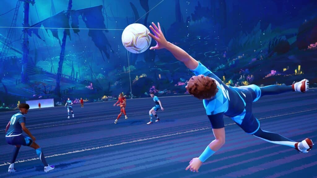 Rematch's scene underwater. A player in a blue uniform dramatically dives to catch a ball