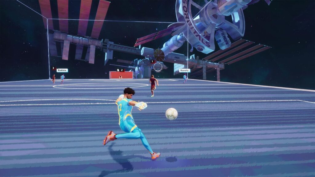 A soccer player in a blue and yellow uniform about to kick a ball on a futuristic space-themed field in Rematch
