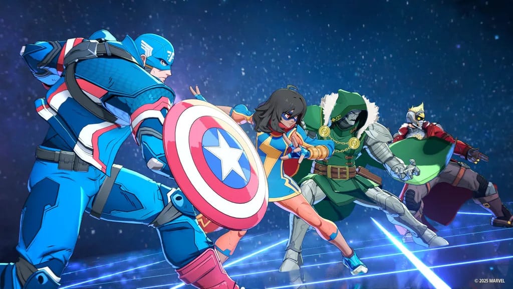 A group of four superheroes in dynamic poses, set against a starry sky background. They radiate determination and ready-for-action energy