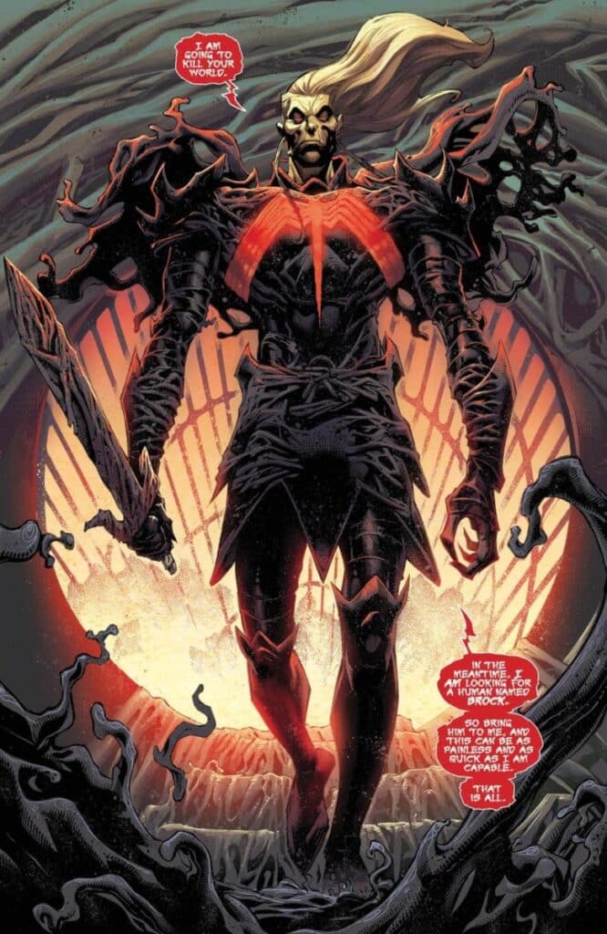 Knull with flowing hair and skeletal armor stands in a menacing pose