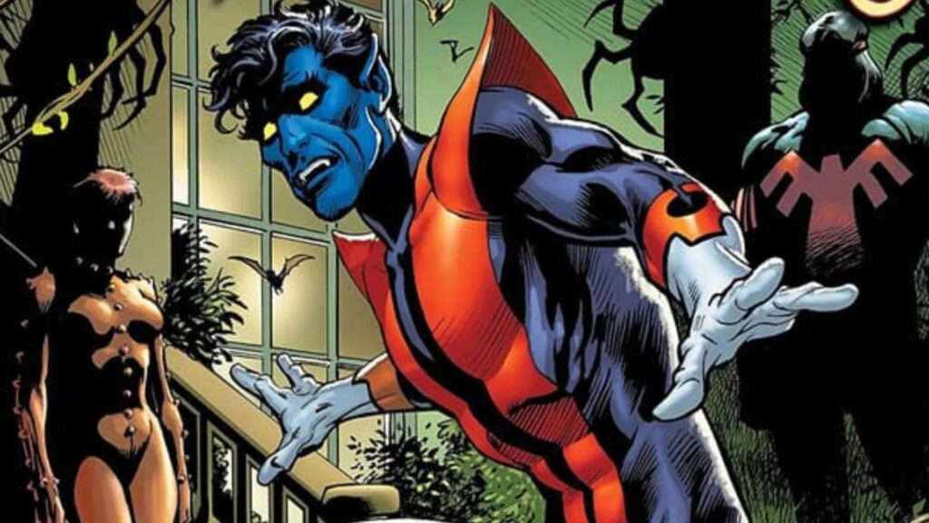 Nightcrawler with glowing eyes and red-orange costume urgently gestures in a dim, shadowy interior with creeping plant silhouettes