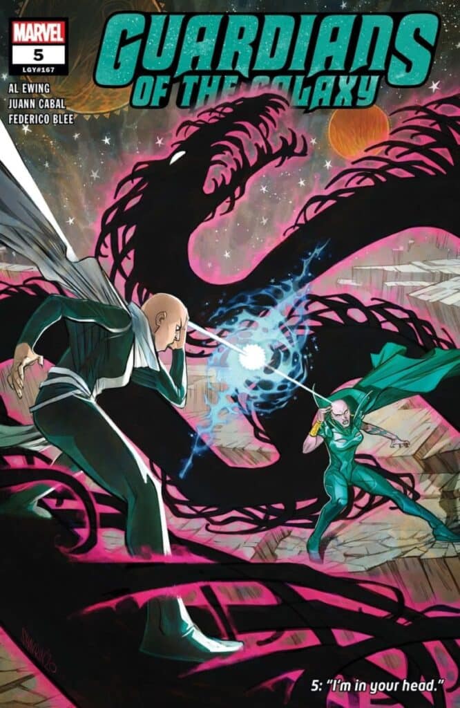 Marvel comic cover of Guardians of the Galaxy #5 showing two figures in combat amid swirling dark and pink tendrils
