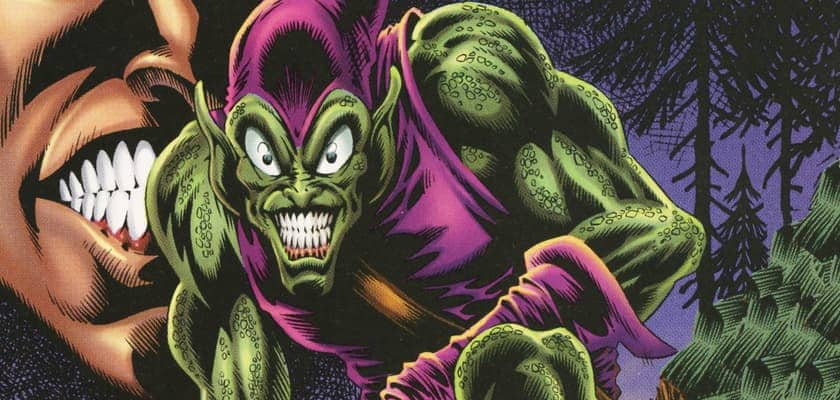 Green Goblin with sharp teeth and purple armor crouches in a dark forest