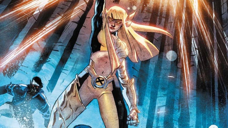 Magik in a black and gold outfit raises a glowing sword, radiating strength in a forest setting with dynamic energy bursts