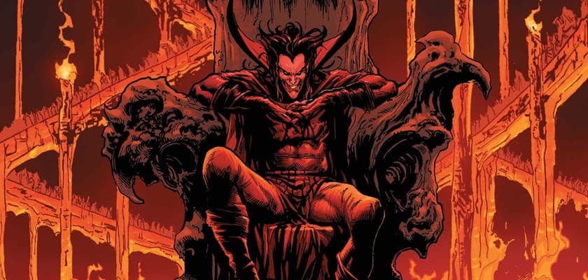 Mephisto with horns sits on a menacing throne, surrounded by flames and shadows, creating a dark, intense atmosphere