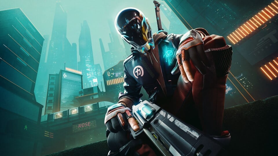 A cyberpunk cityscape features a futuristic figure in glowing armor from Hyper Scape
