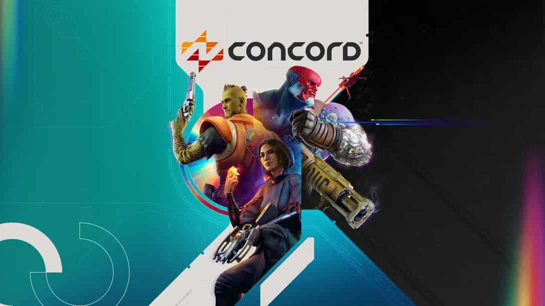 Futuristic characters of Concord game with glowing weapons and armor stand determinedly against a cosmic background