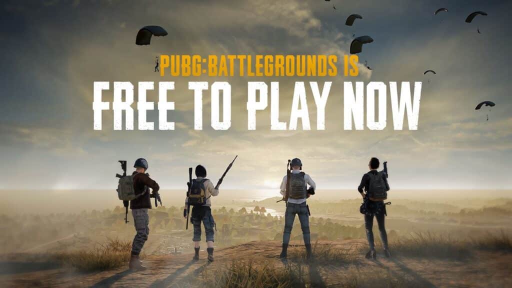 Four characters stand on a hill with weapons, overlooking a sunrise and landscape. Parachutes fill the sky. Text reads "PUBG: Battlegrounds is free to play now"