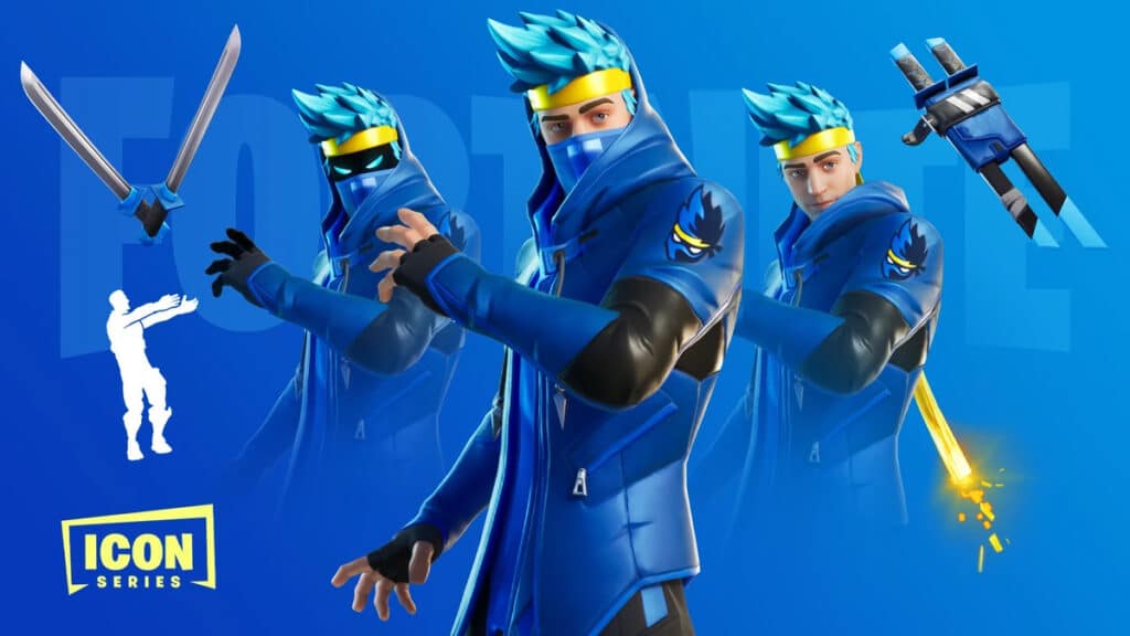 A Fortnite character in blue attire with cyan hair and a yellow headband is shown in three dynamic poses