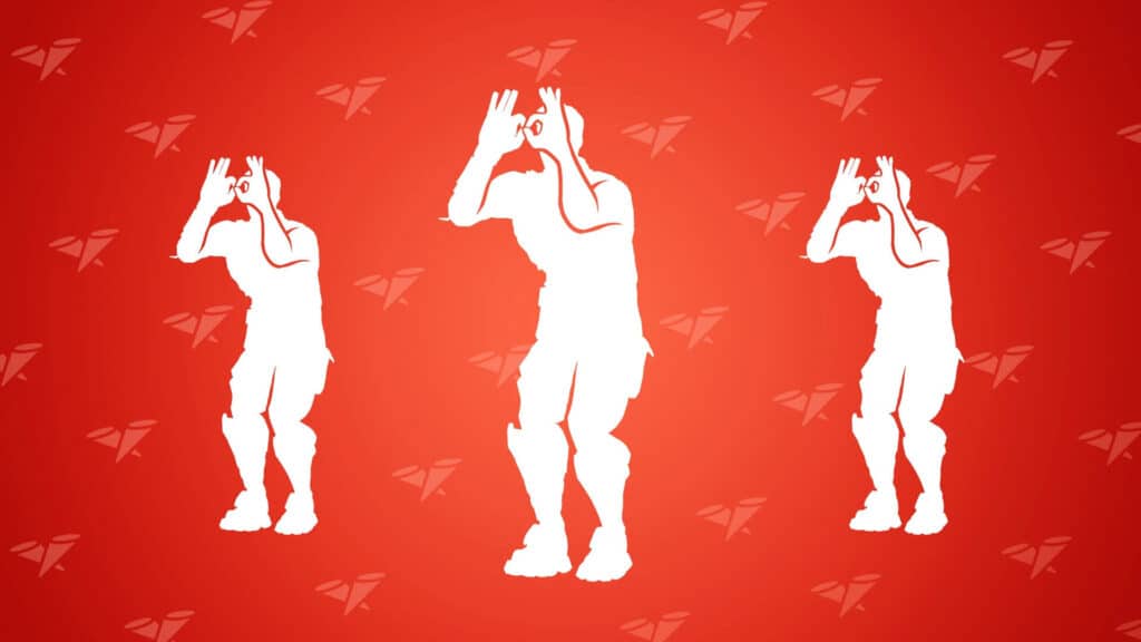 Silhouettes of three figures dancing with hands forming circles over their eyes on an orange background