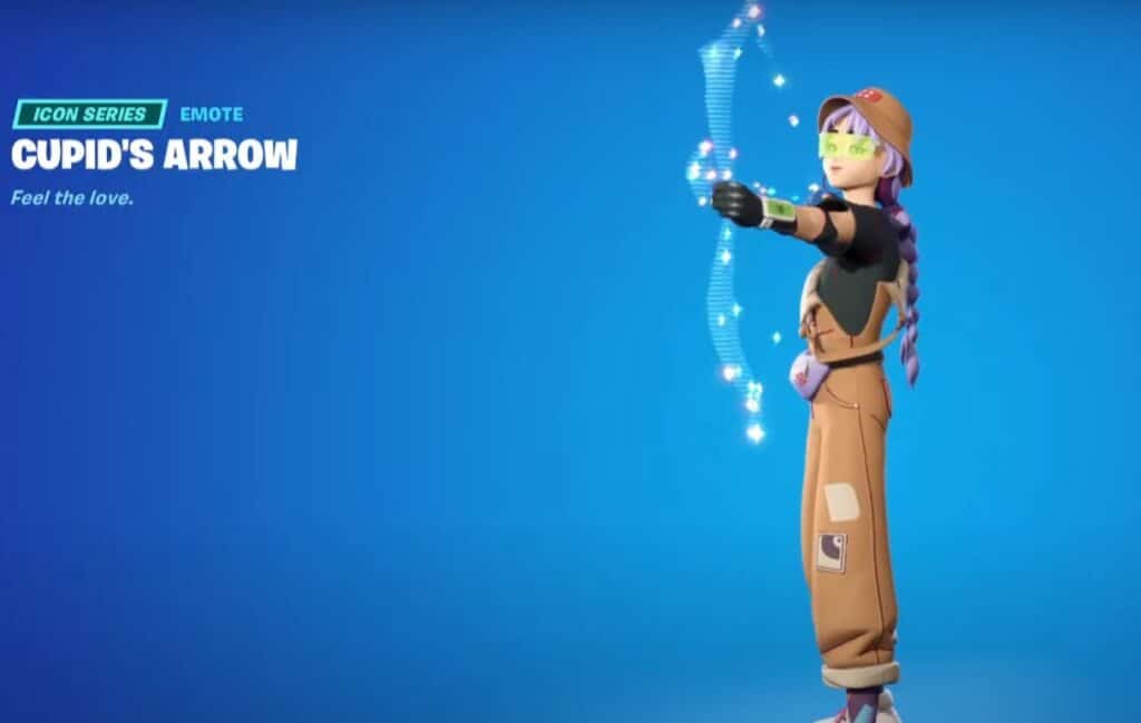 Fortnite character with purple hair and a cap draws a glowing, digital bow on a blue background