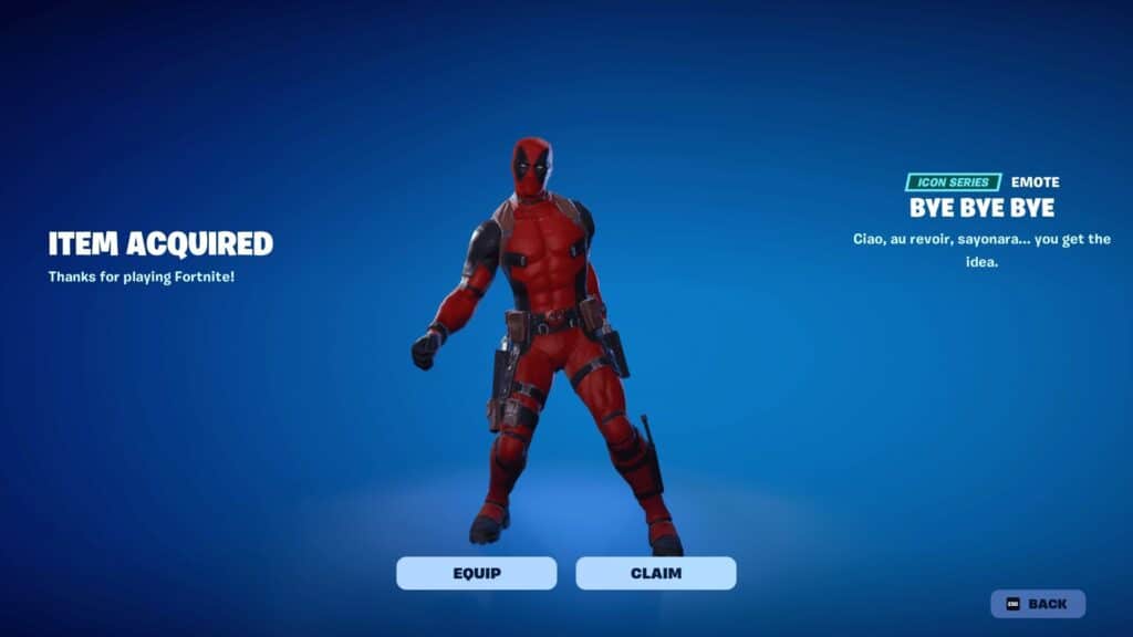 Fortnite game screen shows Deadpool in a red and black suit posing