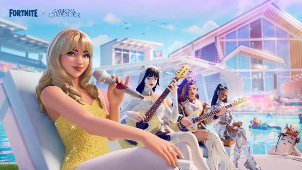 Sabrina Carpenter in Fortnite holds a microphone while three others play guitars by a poolside, under a clear sky
