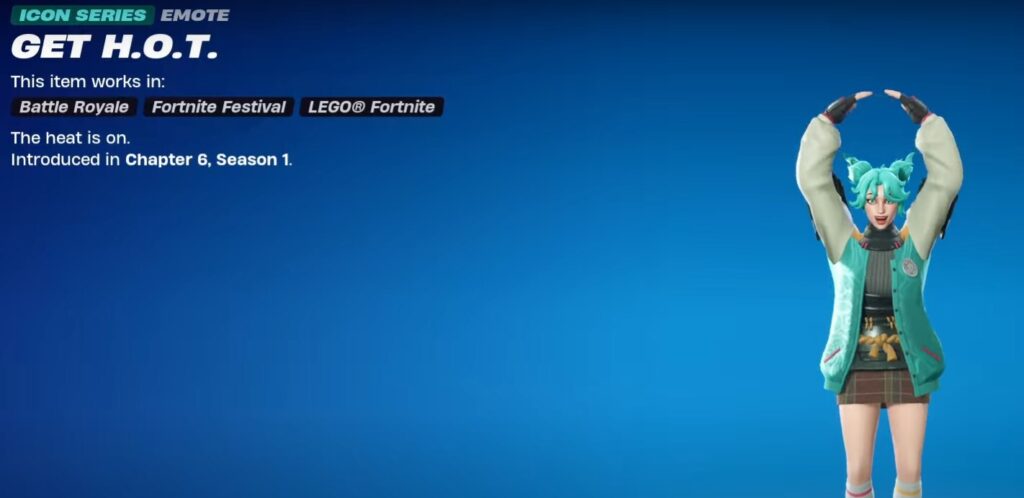 Character with turquoise hair and casual outfit performing "Get H.O.T." emote in Fortnite