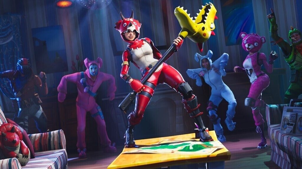 A vibrant scene with Fortnite characters in colorful costumes dancing energetically. Central figure in red superhero outfit stands on a table, holding a dinosaur-themed weapon
