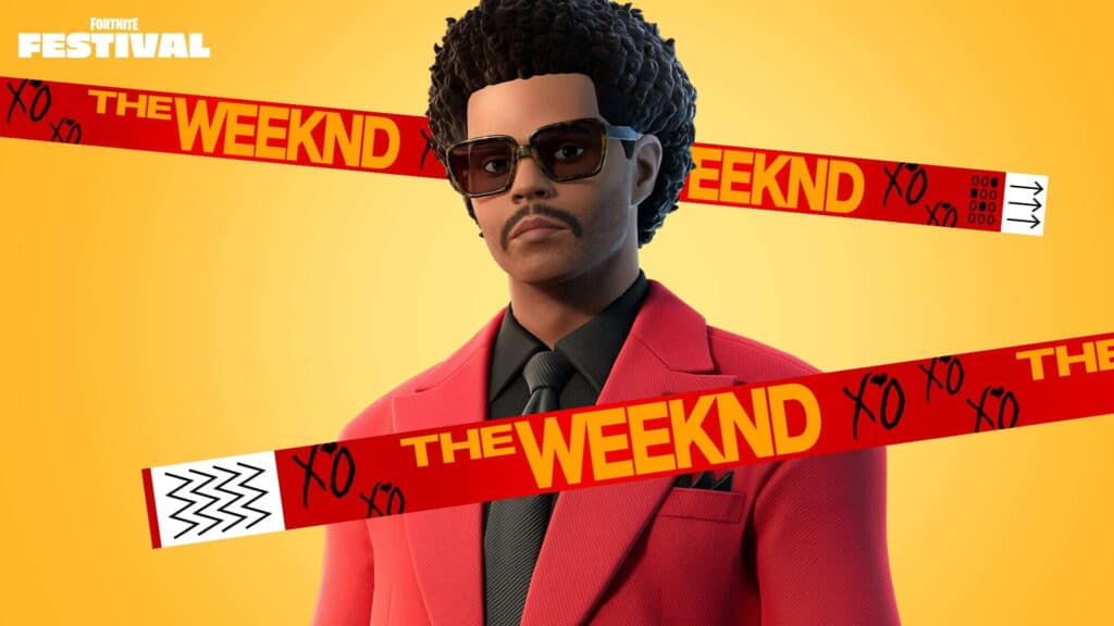 The Weeknd in a red suit with sunglasses, set against a yellow background. Red bands with "THE WEEKND" text cross the image