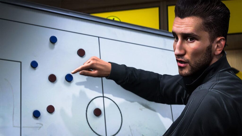 In-game manager pointing at tactics board in EA FC Career Mode