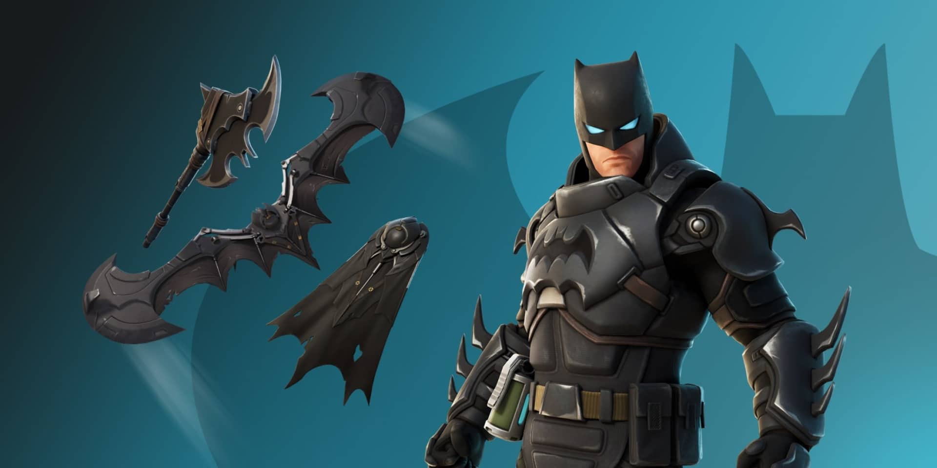 Batman stands confidently on the right. Axe and bat-themed weaponry float nearby on a blue background
