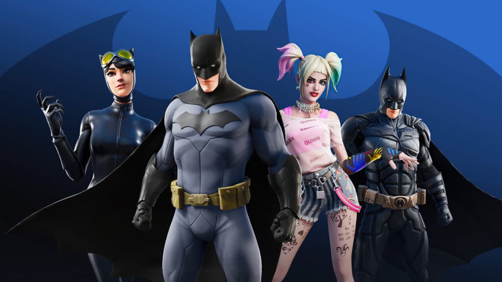 Four DC characters stand confidently: Catwoman, Harley Quinn and Batman in two skins
