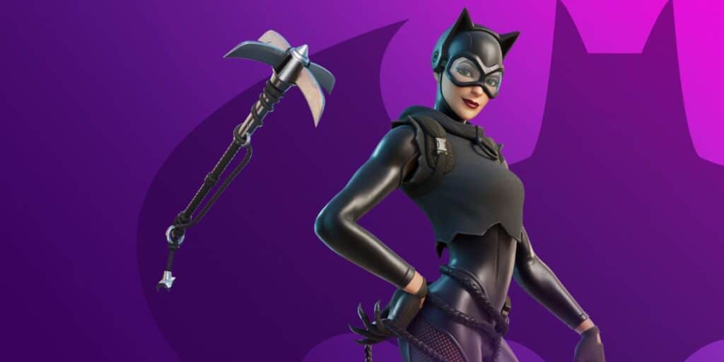 Catwoman poses confidently. She has a sleek mask and a mischievous smile against a purple background