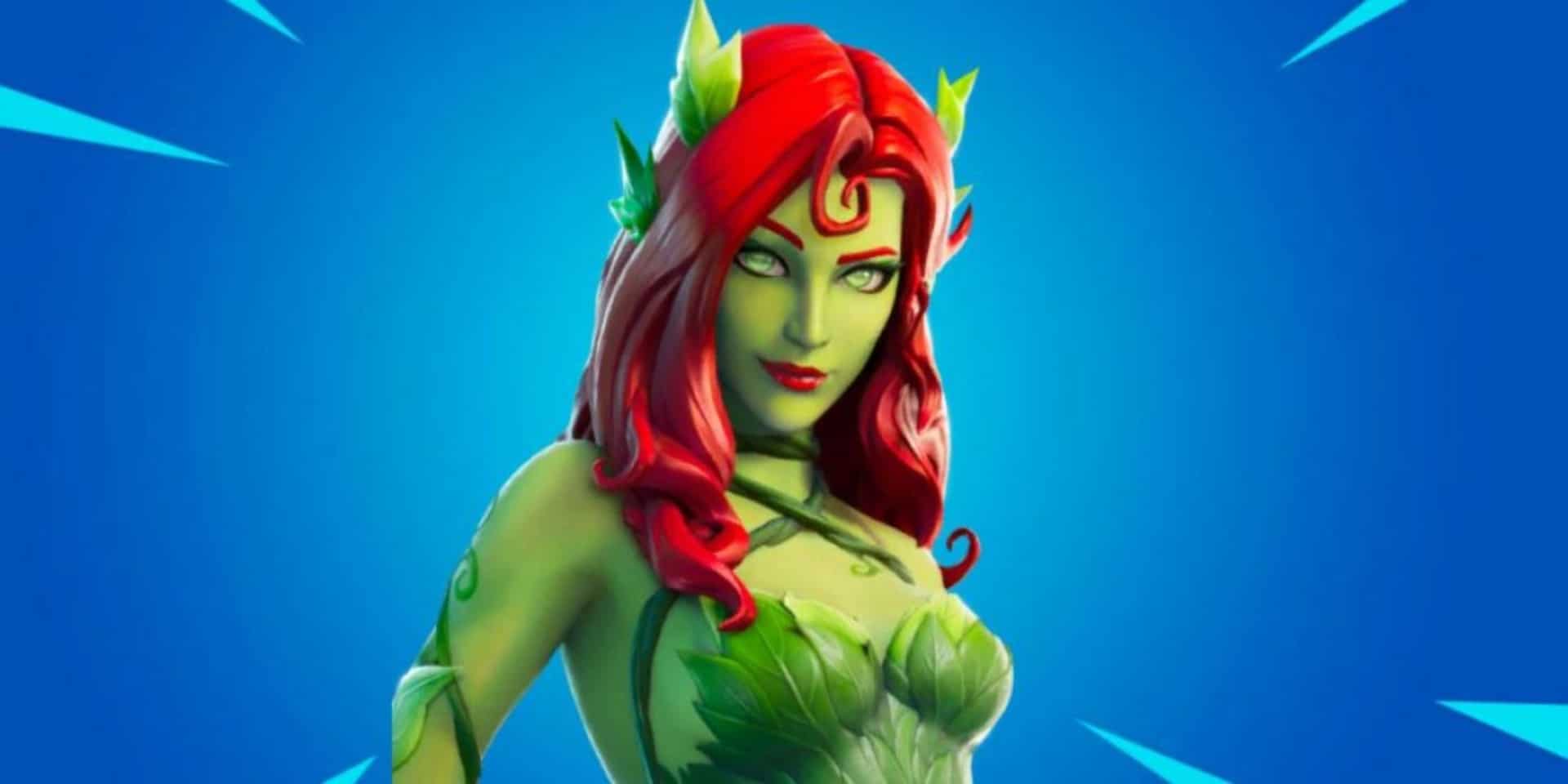 Poison Ivy stands confidently against a bright blue background. The mood is powerful