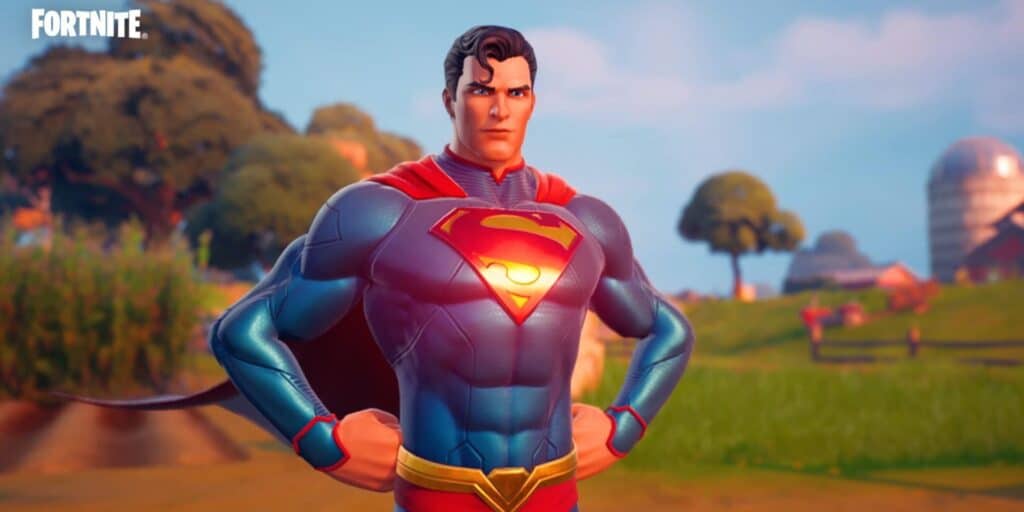 Superman stands confidently in a vibrant countryside setting, with trees and silos under a clear sky