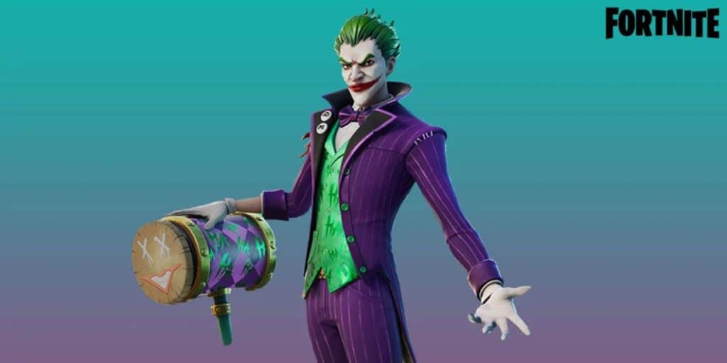 The Joker dressed in a purple suit holds a colorful hammer. "Fortnite" logo in the top right