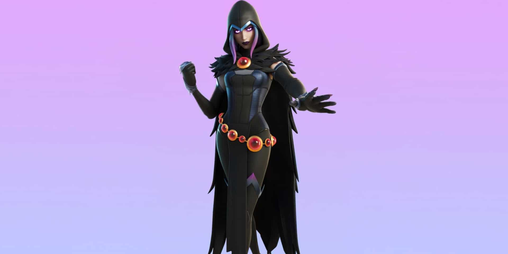 Rebirth Raven in a dark hooded cloak with glowing eyes stands confidently against a pink gradient background
