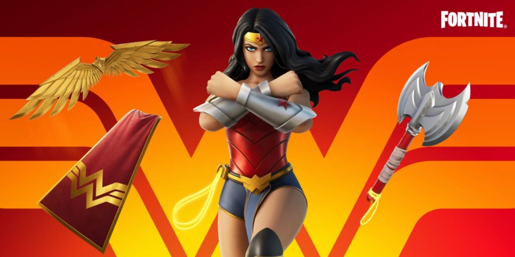 Wonder Woman in costume stands confidently with arms crossed. Golden wings, cape, and axe surround her