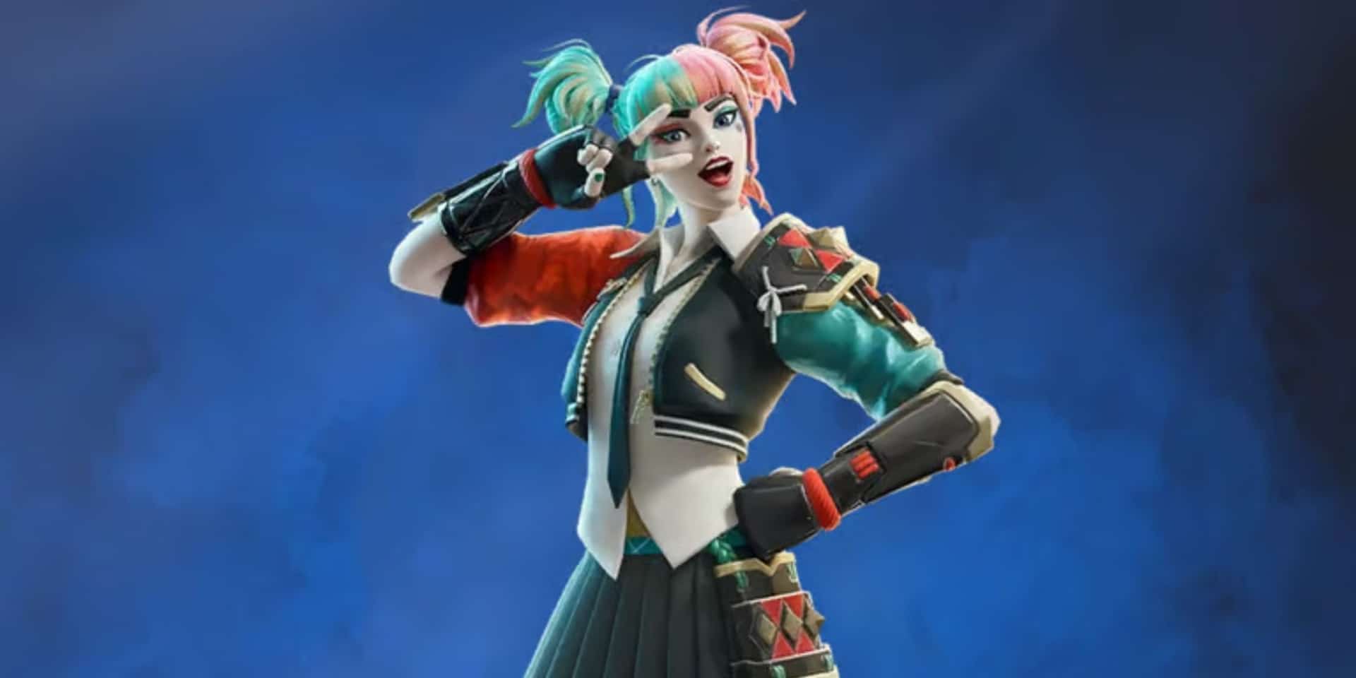Harley Quinn with two-toned pigtails and a vibrant jacket poses confidently against a deep blue background