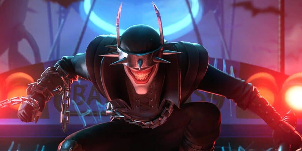 Batman Who Laughs crouches, grinning with sharp teeth. Wearing a spiked helmet and chains, they exude a sinister, intimidating presence in a neon-lit setting