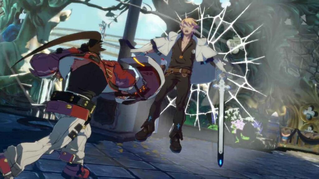 A dynamic fight scene featuring two Guilty Gear Strive characters; one is launching an attack while the other appears to be struck mid-air.