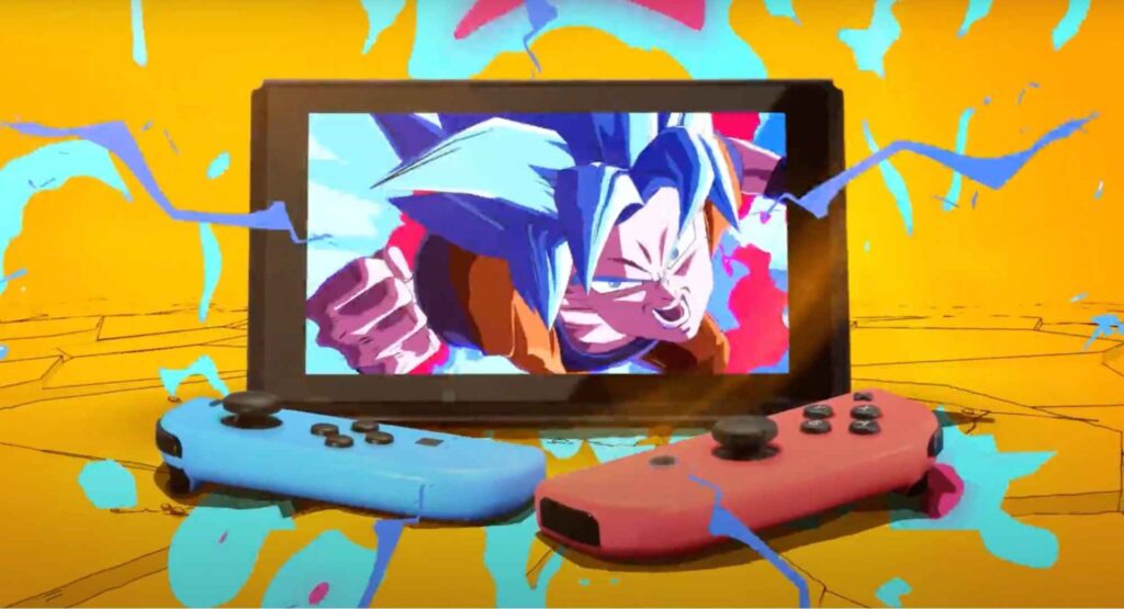 A Nintendo Switch displays a vibrant action scene with a character from Dragon Ball Fighter Z in dynamic motion, surrounded by colorful splashes on a bright yellow background.