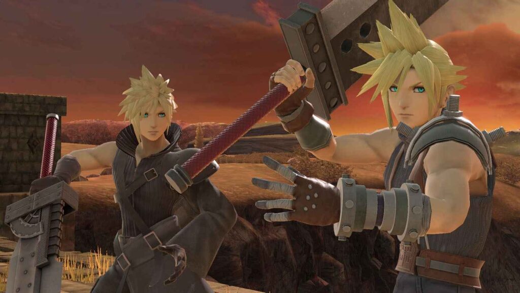 Two Smash Bros. Ultimate characters battle in a dramatic sunset landscape, one wielding a large sword and the other a weapon resembling a metal rod.