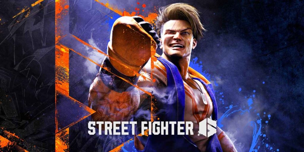 A dynamic superhero character from Street Fighter making a fist, with orange and blue stylized effects and vibrant splashes in the background.