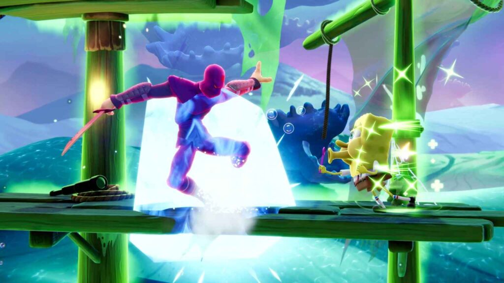 A dynamic scene depicts a pink ninja striking with a sword against SpongeBob, surrounded by vibrant colors and magical sparkles.