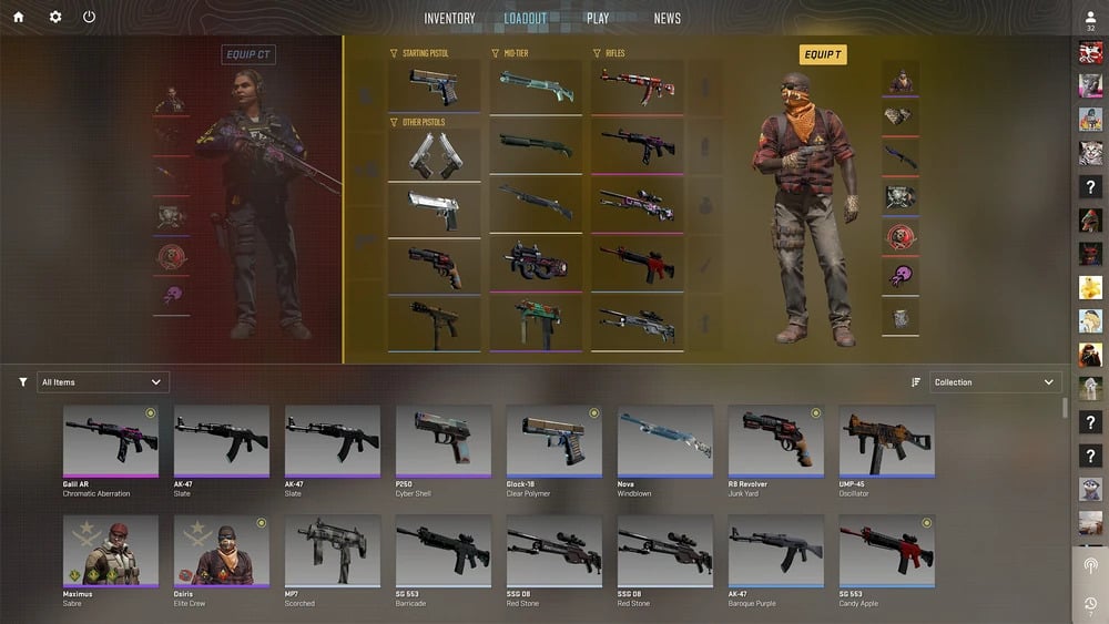 CS2 inventory screen showing two characters in different uniforms and various weapons displayed in slots