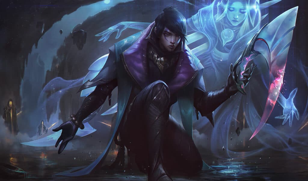 Aphelios kneels in a dark, ethereal setting, holding a glowing, crescent-shaped blade