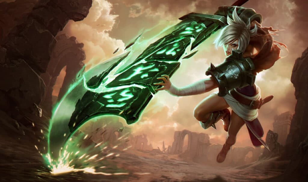 Riven leaps with a giant glowing green sword, set against a dramatic, cloudy sky and crumbling ancient ruins