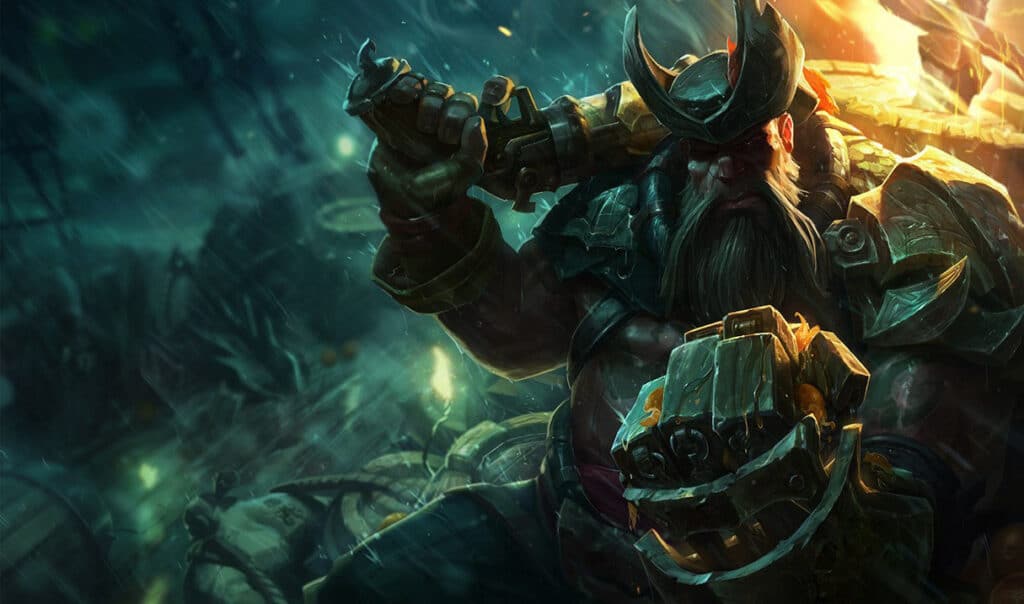 Gangplank holds a pistol on a stormy ship deck
