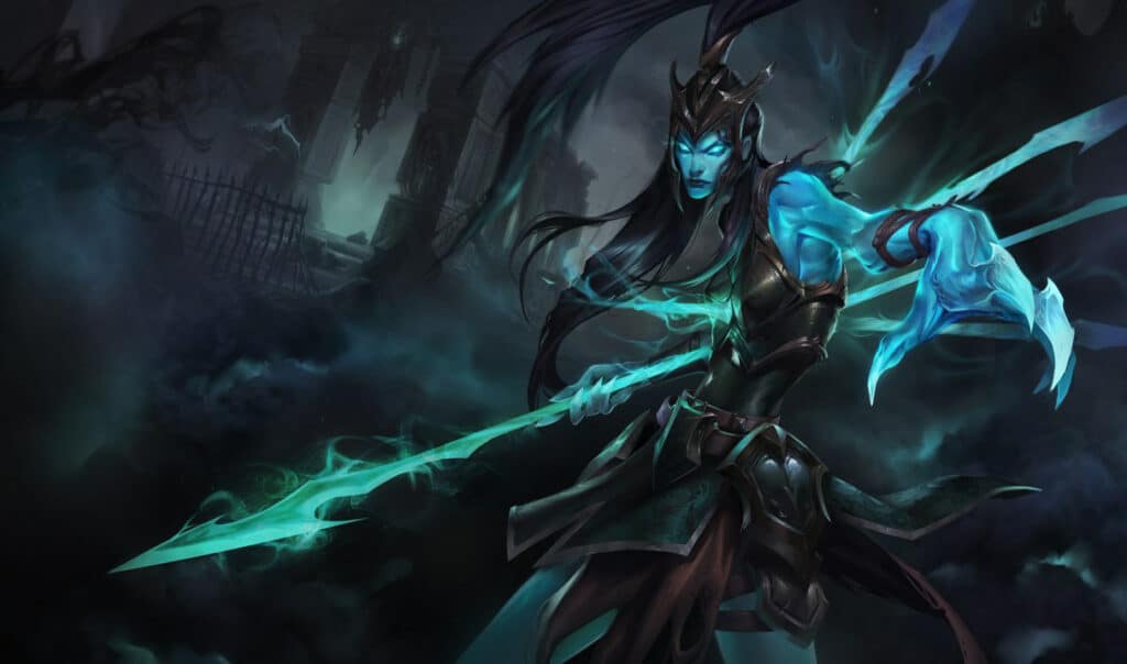 Kalista holds a glowing spear in a dark, misty landscape with ominous ruins