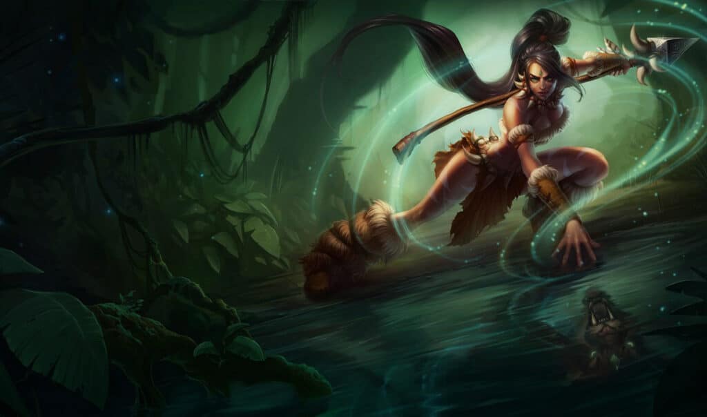 Nidalee crouches poised by a mystical river in a dense jungle
