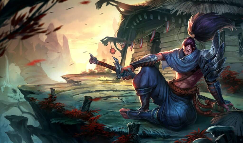 Yasuo sits on a cliff, holding a sword, wearing a blue scarf and armor