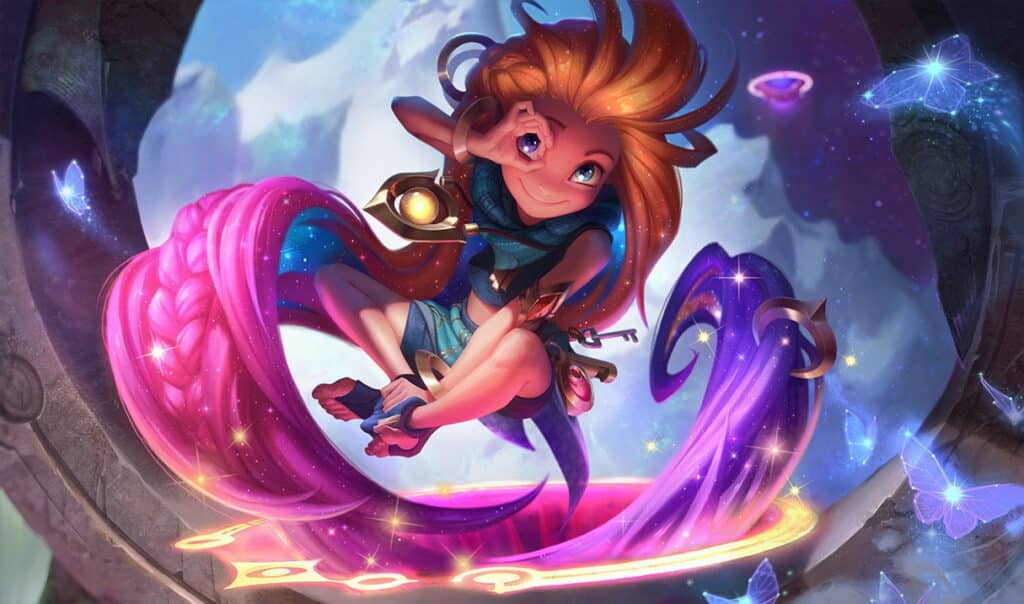 Zoe with orange hair playfully sits in a cosmic portal, surrounded by glowing, magical runes and ethereal blue butterflies