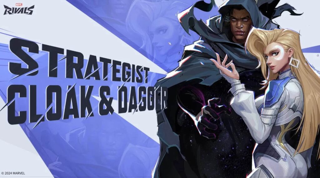 Illustration of Cloak and Dagger in futuristic armor, titled “Strategist Cloak & Dagger”