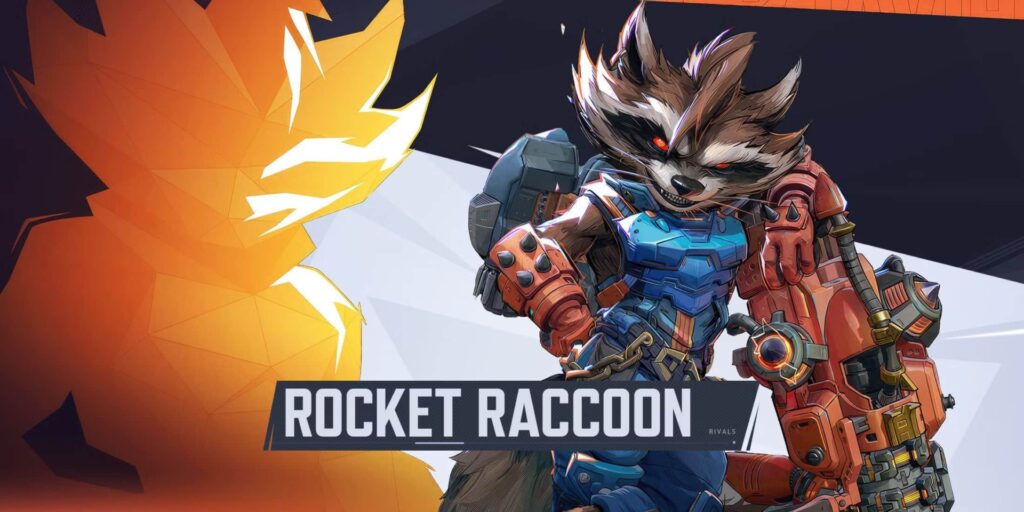 Comic-style illustration of Rocket Raccoon in a blue and red armored suit, holding a large weapon