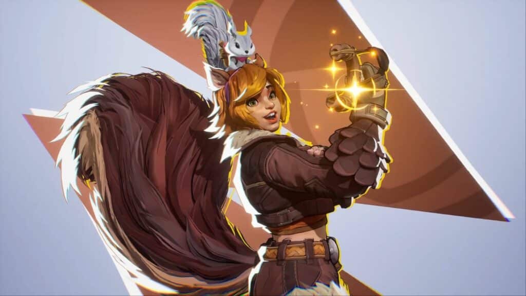 Squirrel Girl poses confidently. She wears a suit with a bushy tail and raises a glowing fist