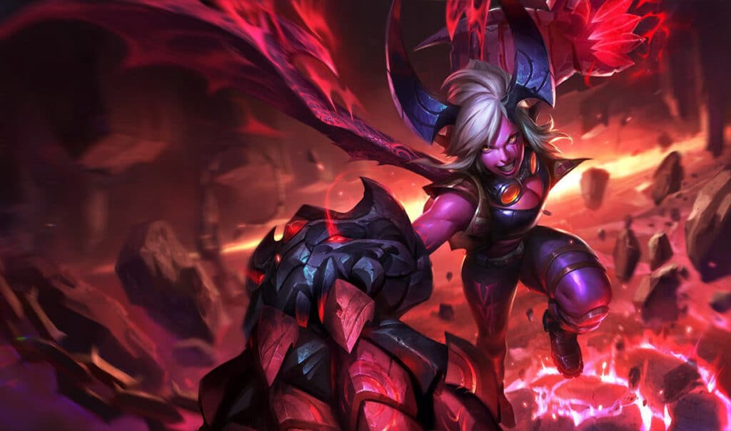Vi with purple skin and horns lunges forward in a dynamic pose