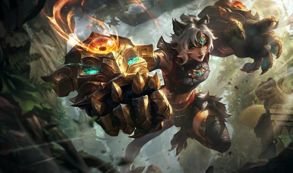Vi with wolf-like features and massive glowing gauntlets leaps through a lush jungle